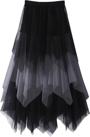 Women's Tulle Skirt Midi Long Fairy Skirt 2025 Trendy A-Line Ruffle Layered High Elastic Waist Puffy Skirts