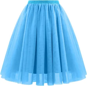 Womens Tulle Skirts Midi Elastic High Waist Pleated Mesh Flowy A-Line Long Skirts