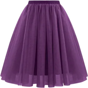 Womens Tulle Skirts Midi Elastic High Waist Pleated Mesh Flowy A-Line Long Skirts