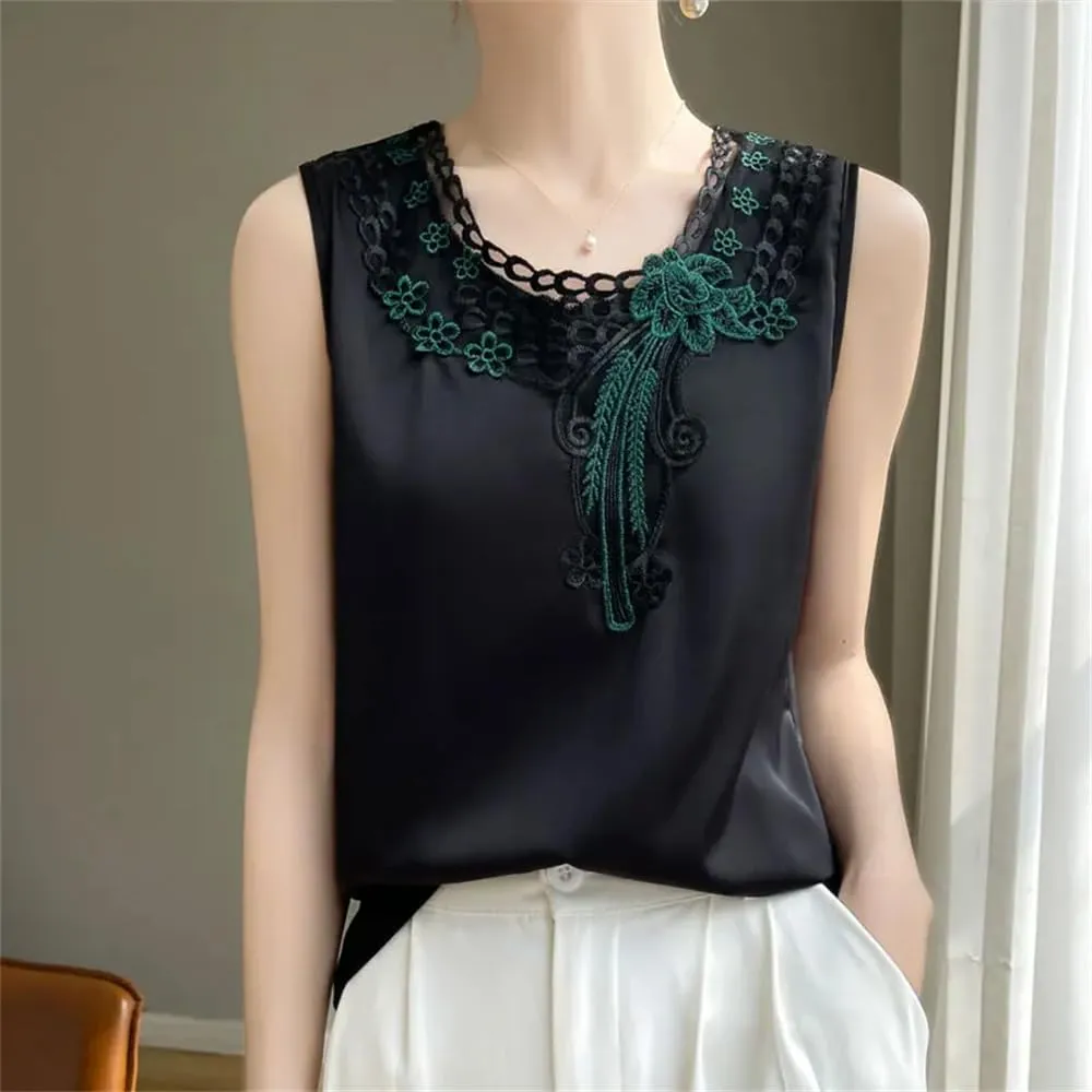 Women's V-Neck Lace Satin Camisole Top Summer Sleeveless Strap Bottoming T-Shirt Vest