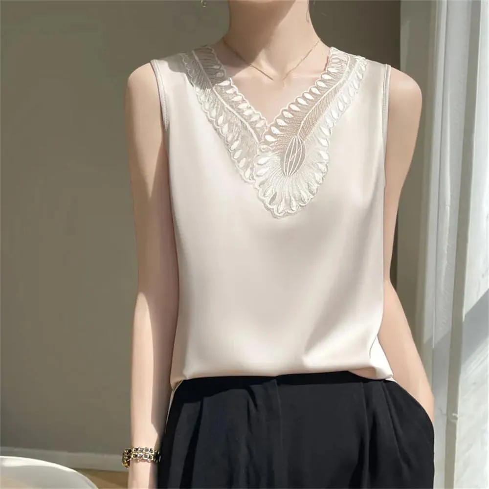 Women's V-Neck Lace Satin Camisole Top Summer Sleeveless Strap Bottoming T-Shirt Vest