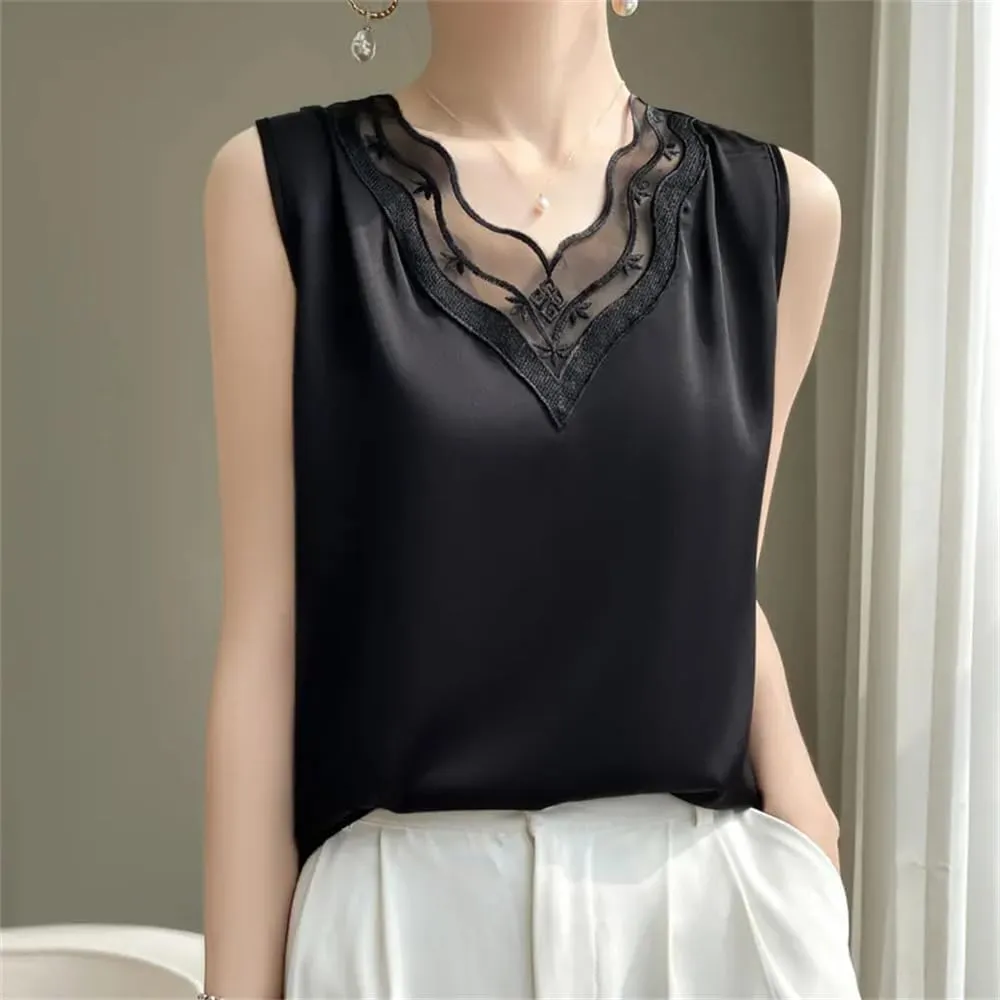 Women's V-Neck Lace Satin Camisole Top Summer Sleeveless Strap Bottoming T-Shirt Vest