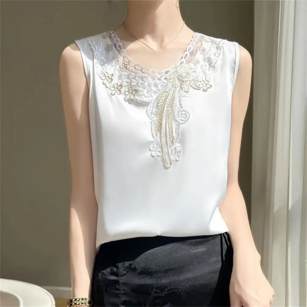 Women's V-Neck Lace Satin Camisole Top Summer Sleeveless Strap Bottoming T-Shirt Vest