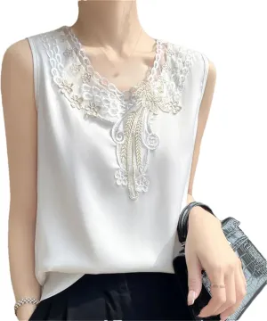 Women's V-Neck Lace Satin Camisole Top Summer Sleeveless Strap Bottoming T-Shirt Vest