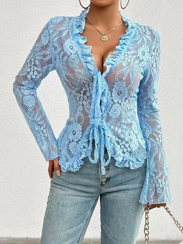 Women's V Neck Lace Sheer Top Sexy Mesh See Through Shirts Open Front Tie Long Sleeve Blouses Y2k Going Out Tops