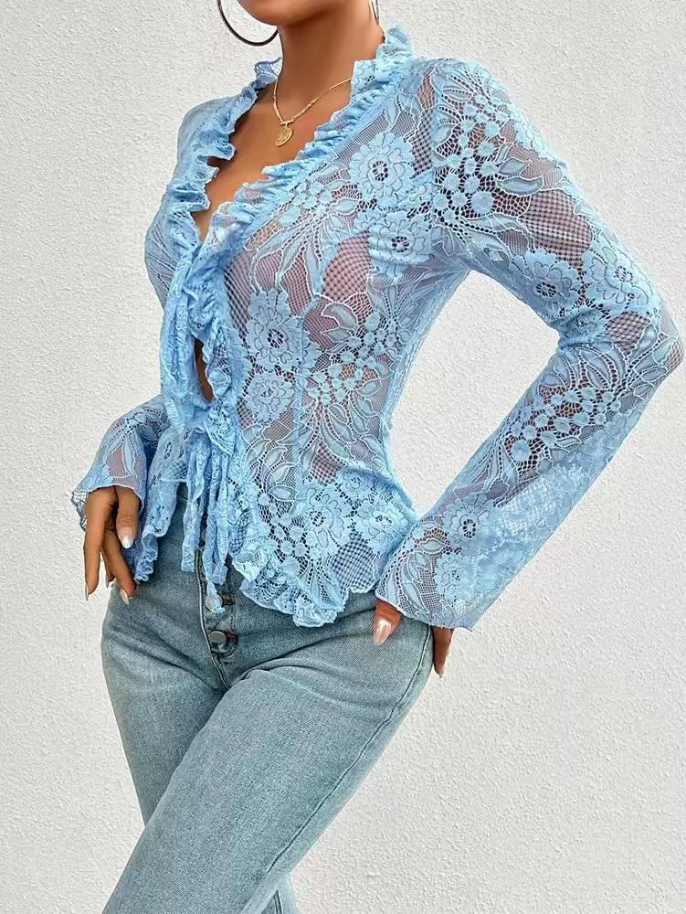 Women's V Neck Lace Sheer Top Sexy Mesh See Through Shirts Open Front Tie Long Sleeve Blouses Y2k Going Out Tops