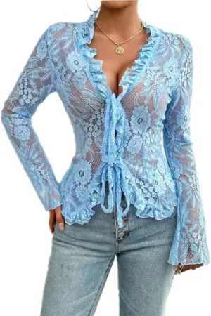 Women's V Neck Lace Sheer Top Sexy Mesh See Through Shirts Open Front Tie Long Sleeve Blouses Y2k Going Out Tops
