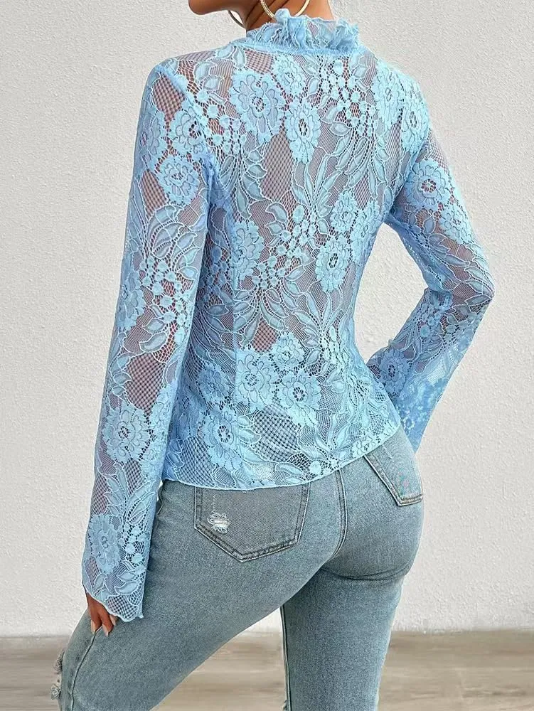 Women's V Neck Lace Sheer Top Sexy Mesh See Through Shirts Open Front Tie Long Sleeve Blouses Y2k Going Out Tops