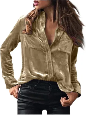 Women's Velvet Button Dwon Shirts Solid Color Lapel Long Sleeved Gold Velvet Shirt Tops Velour T Shirt