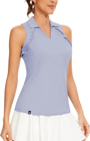 WOWENY Womens Sleeveless Golf Shirt Ruffle Polo Shirts Moisture Wicking Golf Apparel Slim Fitted Golf Tennis Tank Tops