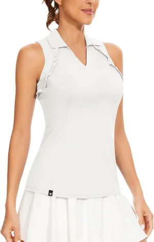 WOWENY Womens Sleeveless Golf Shirt Ruffle Polo Shirts Moisture Wicking Golf Apparel Slim Fitted Golf Tennis Tank Tops