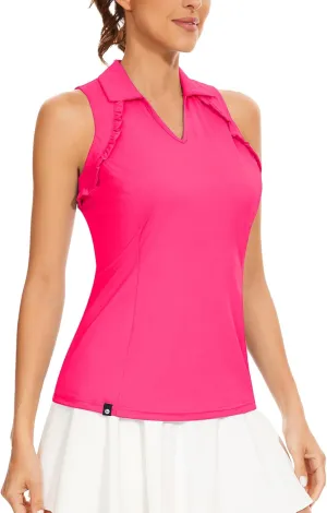 WOWENY Womens Sleeveless Golf Shirt Ruffle Polo Shirts Moisture Wicking Golf Apparel Slim Fitted Golf Tennis Tank Tops