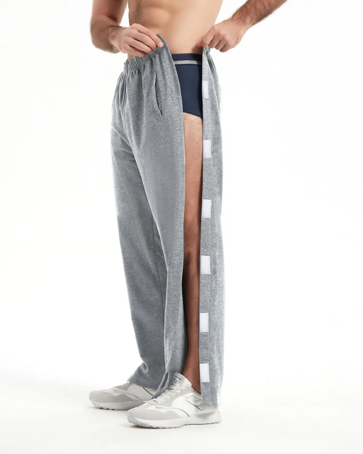 WZIKAI Men's Tear Away Pants Casual Side Snap Open Sweatpants Loose Fit Post Surgery Pants with Pockets