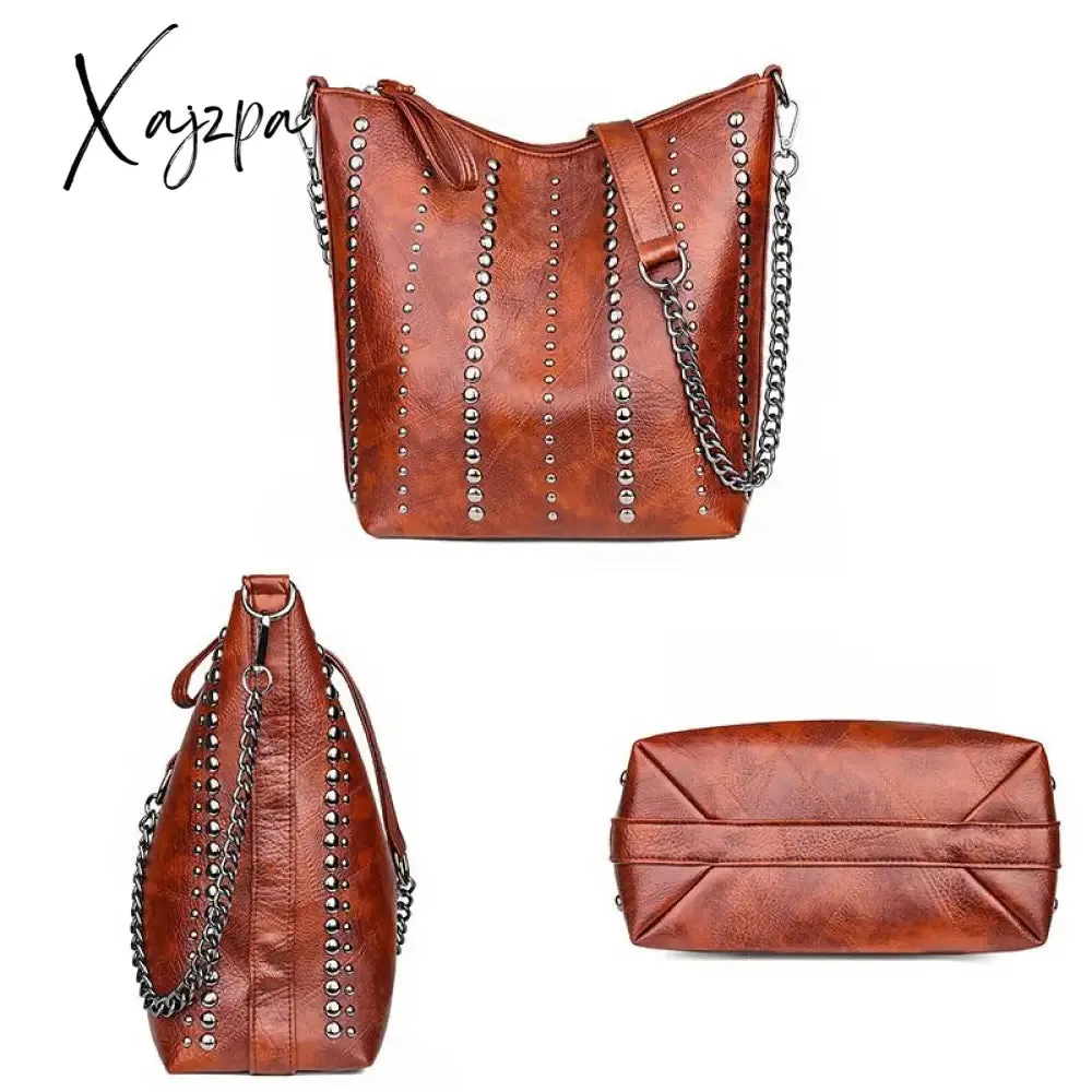 Xajzpa Vintage Bag Women Shoulder Bags Punk Rivet Bucket Bag Handbag Lady Casual PU Leather Crossbody Bags Female WHDV1387
