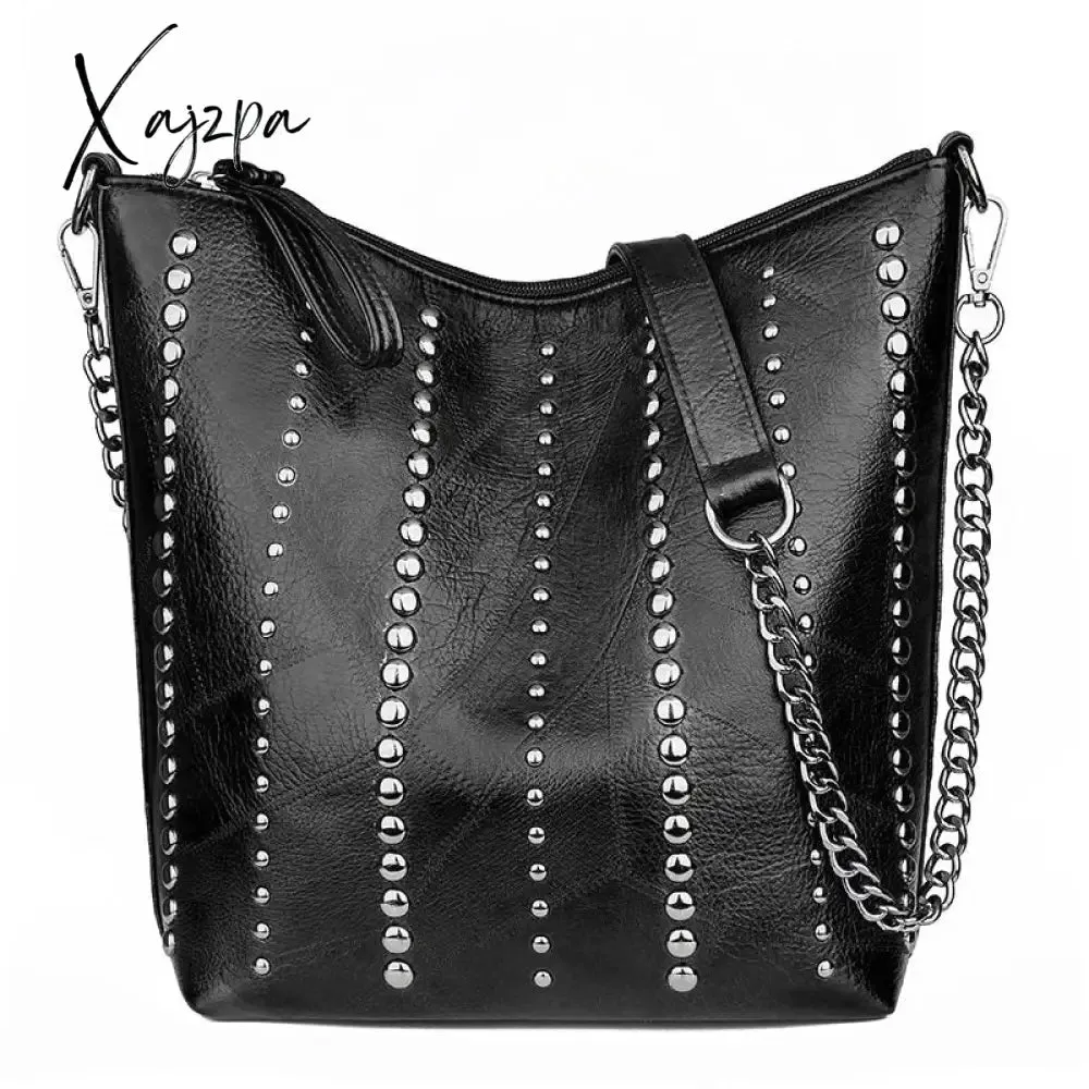 Xajzpa Vintage Bag Women Shoulder Bags Punk Rivet Bucket Bag Handbag Lady Casual PU Leather Crossbody Bags Female WHDV1387