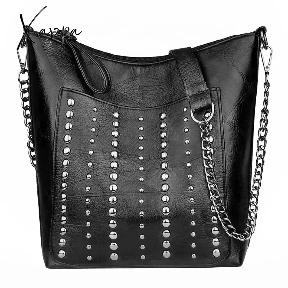 Xajzpa Vintage Bag Women Shoulder Bags Punk Rivet Bucket Bag Handbag Lady Casual PU Leather Crossbody Bags Female WHDV1387