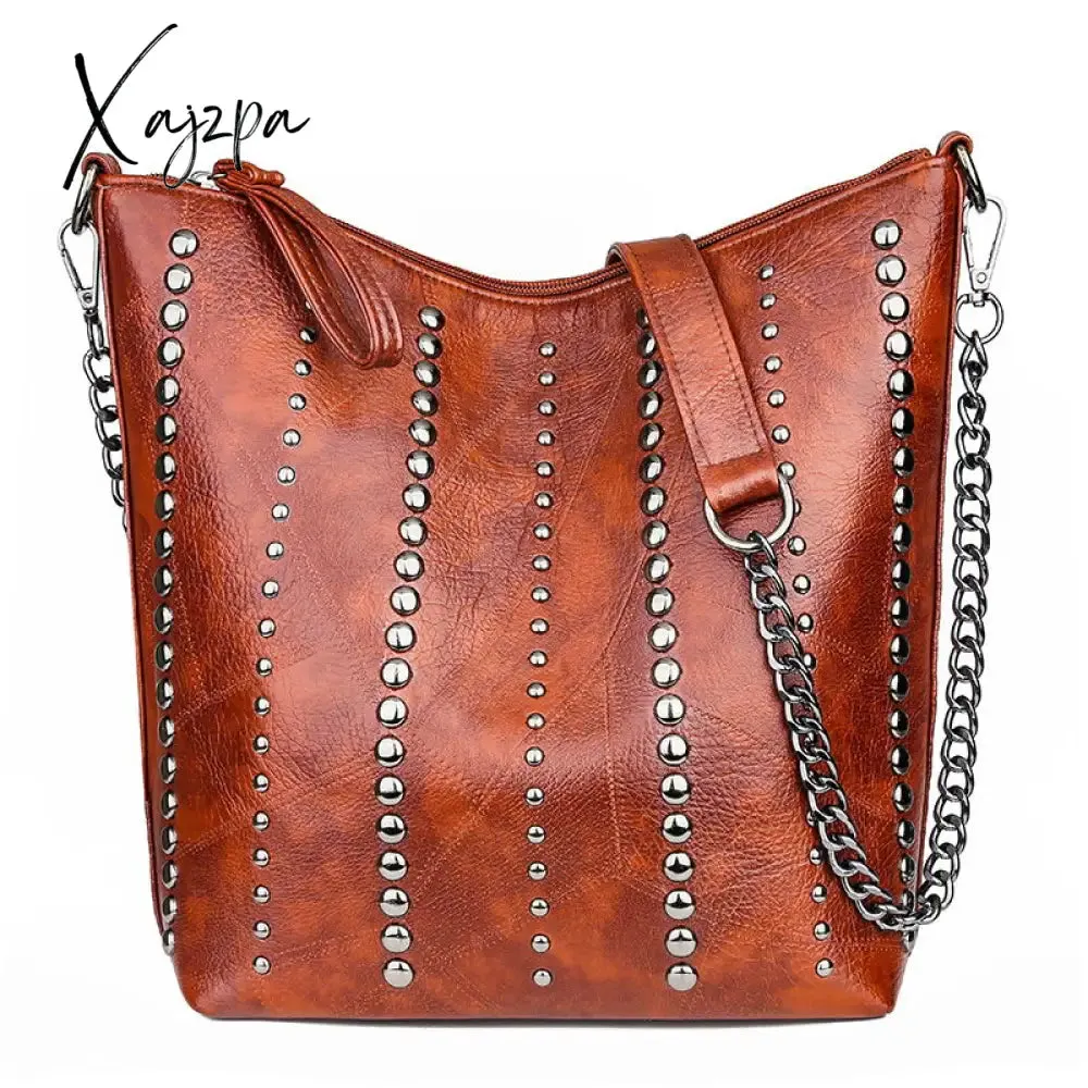 Xajzpa Vintage Bag Women Shoulder Bags Punk Rivet Bucket Bag Handbag Lady Casual PU Leather Crossbody Bags Female WHDV1387
