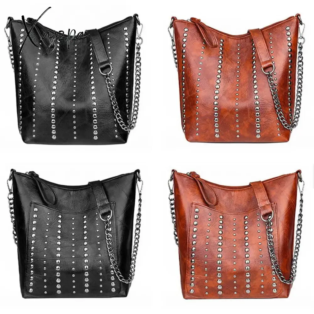 Xajzpa Vintage Bag Women Shoulder Bags Punk Rivet Bucket Bag Handbag Lady Casual PU Leather Crossbody Bags Female WHDV1387