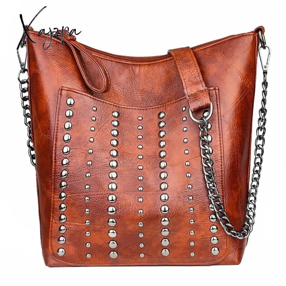 Xajzpa Vintage Bag Women Shoulder Bags Punk Rivet Bucket Bag Handbag Lady Casual PU Leather Crossbody Bags Female WHDV1387