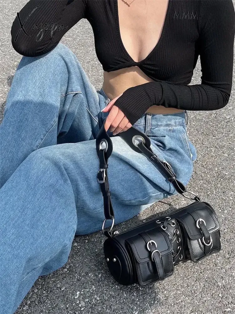 Xajzpa - Vintage Black Women Cylinder Underarm Bags Double Pocket Design Ladies Shoulder Bag Fashion Female PU Leather Purse Handbags