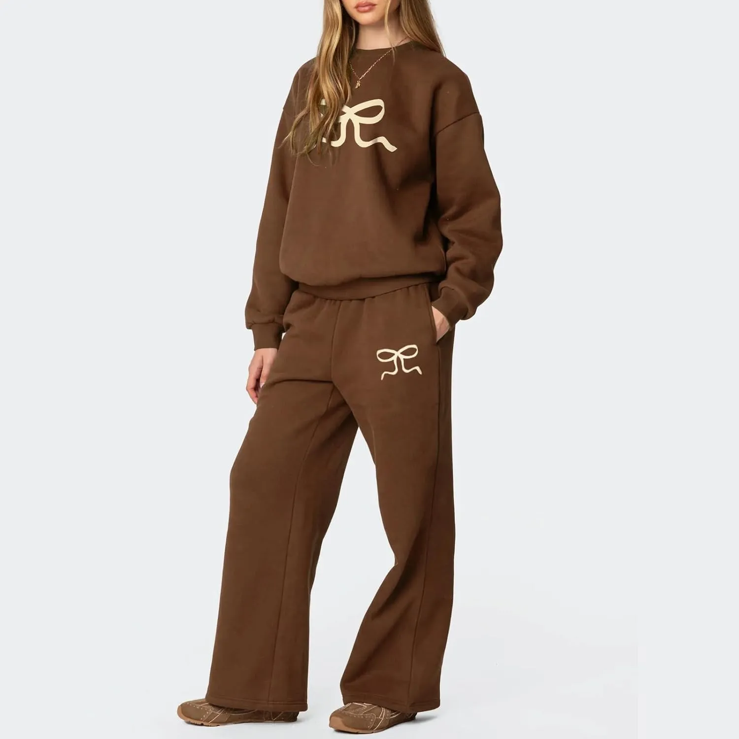 XBTCLXEBCO Bow Print Sweat Set for Women Oversized Sweatshirt and Sweatpants 2 Piece Lounge Set Fall Matching Tracksuit
