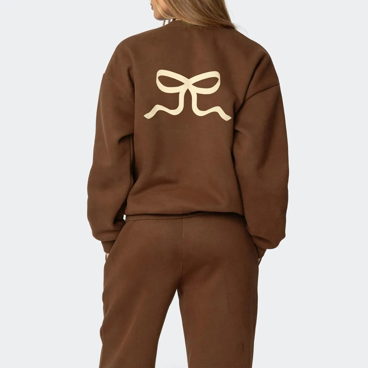 XBTCLXEBCO Bow Print Sweat Set for Women Oversized Sweatshirt and Sweatpants 2 Piece Lounge Set Fall Matching Tracksuit