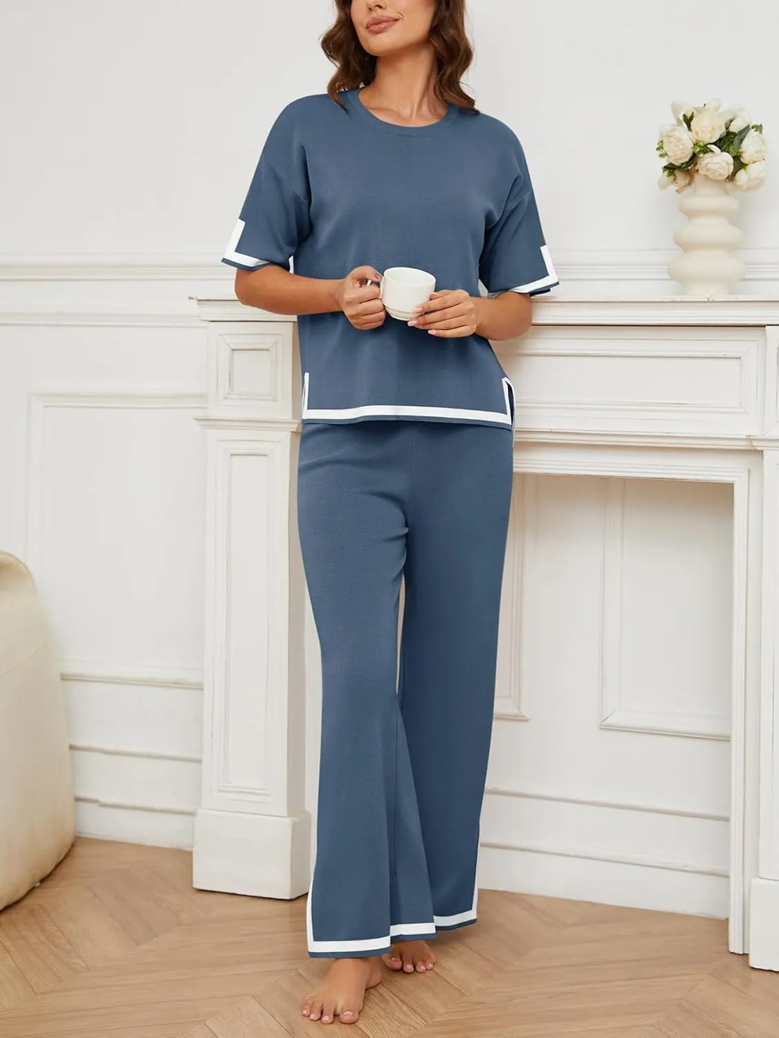 YIJIU Women's 2 Piece Outfits Short Sleeve Knit Sweater Pullover Tops Soft Wide Leg Pants Lounge Sets Tracksuits