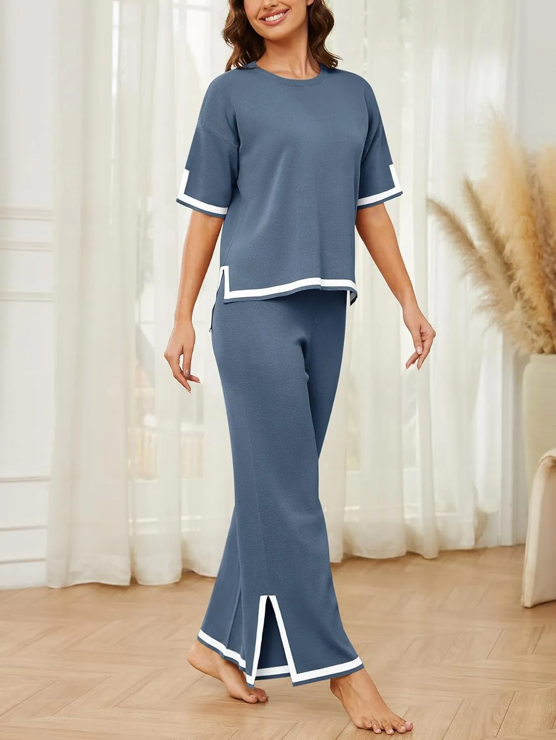YIJIU Women's 2 Piece Outfits Short Sleeve Knit Sweater Pullover Tops Soft Wide Leg Pants Lounge Sets Tracksuits