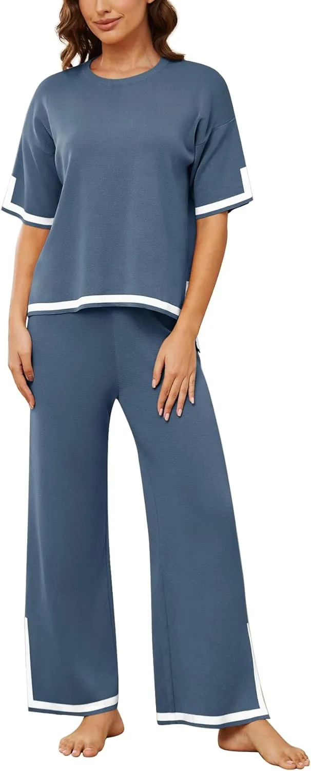 YIJIU Women's 2 Piece Outfits Short Sleeve Knit Sweater Pullover Tops Soft Wide Leg Pants Lounge Sets Tracksuits