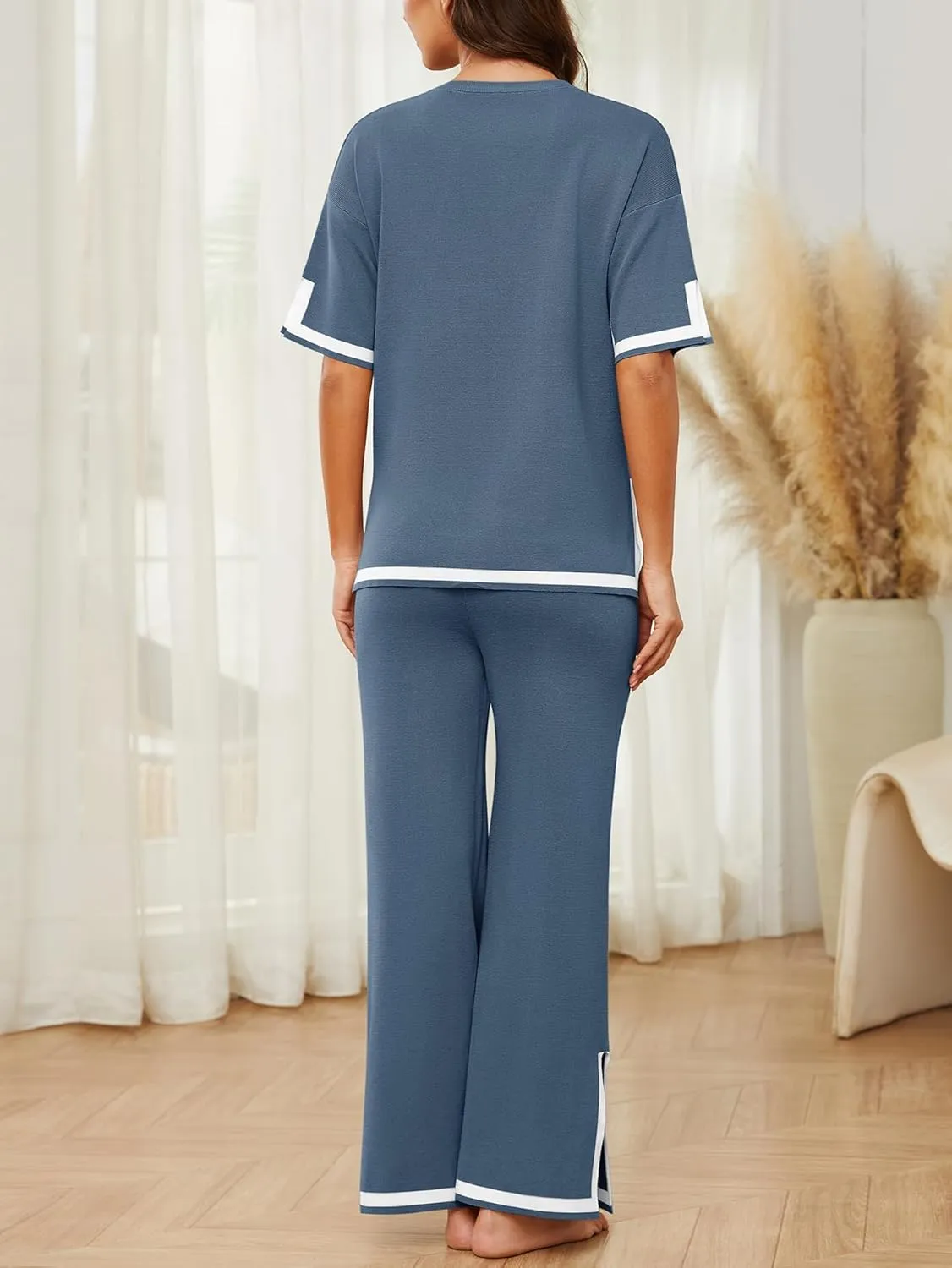 YIJIU Women's 2 Piece Outfits Short Sleeve Knit Sweater Pullover Tops Soft Wide Leg Pants Lounge Sets Tracksuits