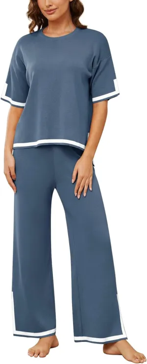 YIJIU Women's 2 Piece Outfits Short Sleeve Knit Sweater Pullover Tops Soft Wide Leg Pants Lounge Sets Tracksuits