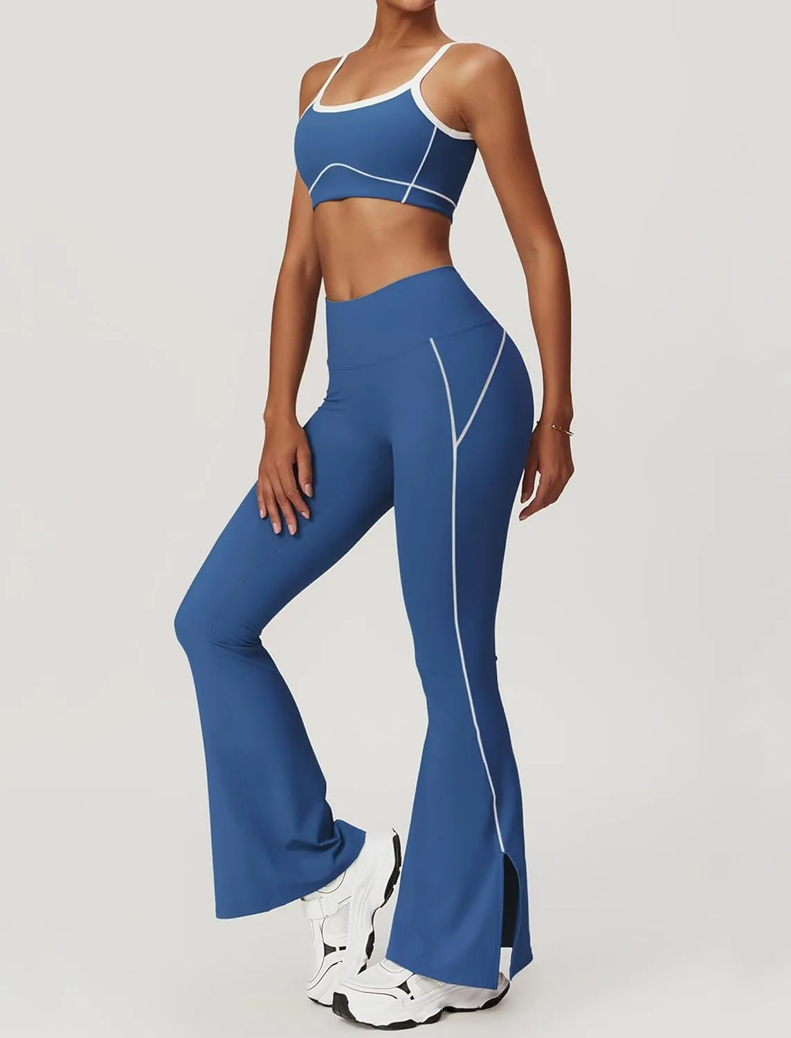 Yoga sets for women 2 piece Fashion contrasting lines Sports Bra and High Wasit Split hem Flared Leggings