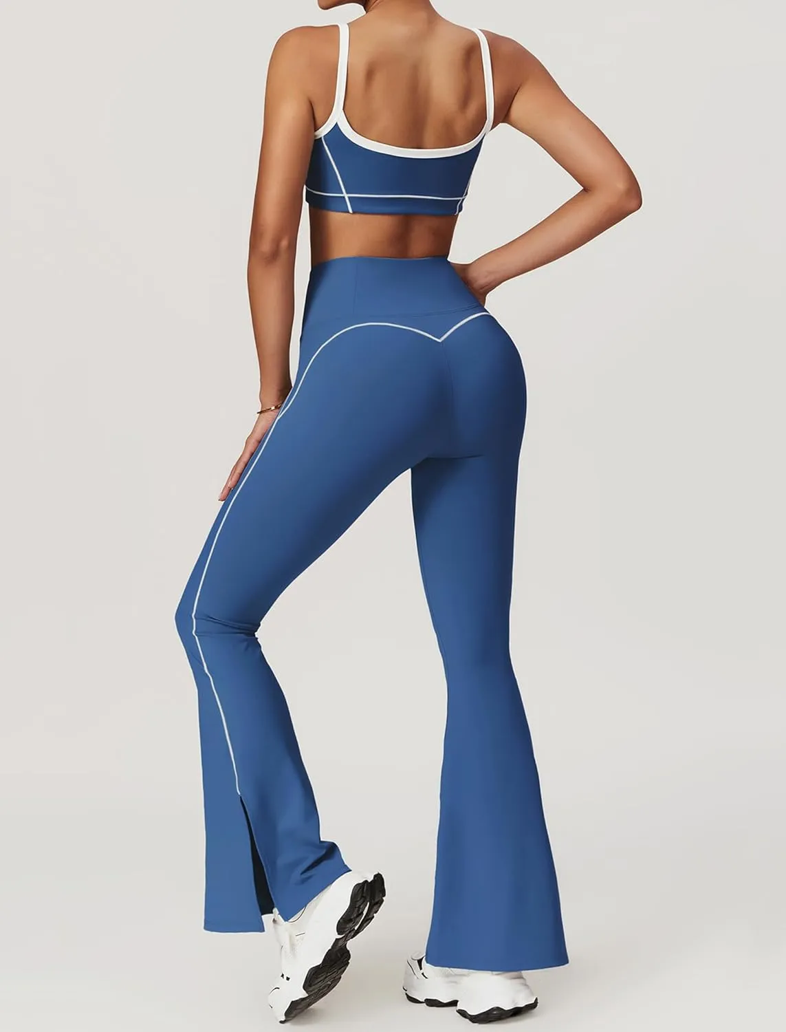Yoga sets for women 2 piece Fashion contrasting lines Sports Bra and High Wasit Split hem Flared Leggings