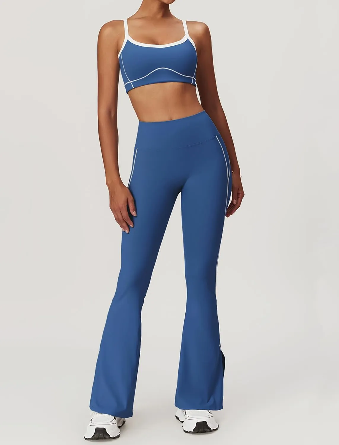 Yoga sets for women 2 piece Fashion contrasting lines Sports Bra and High Wasit Split hem Flared Leggings