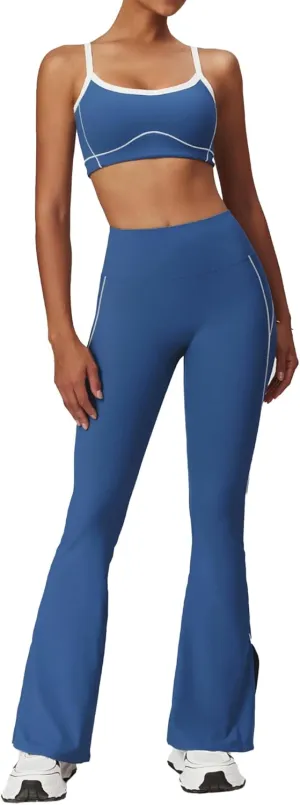 Yoga sets for women 2 piece Fashion contrasting lines Sports Bra and High Wasit Split hem Flared Leggings
