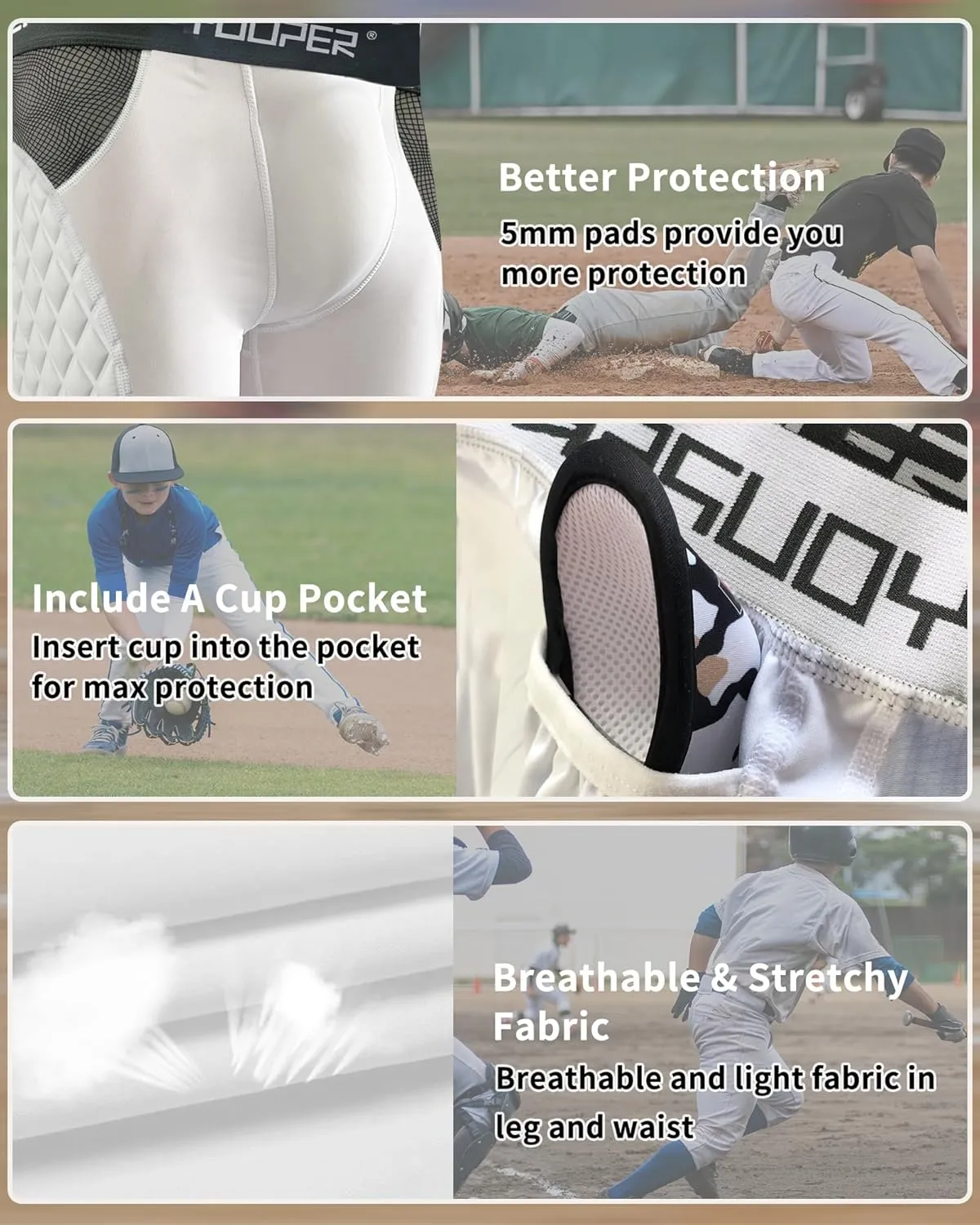 Youper Youth Elite Compression Padded Sliding Shorts w/Cup Pocket for Baseball, Football