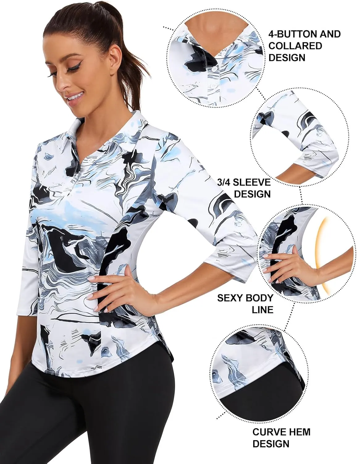 Zamowoty Women's 3/4 Sleeve Golf Tennis Polo Shirts 4-Button Dry Fit Workout Tops Athletic Shirt UPF50 