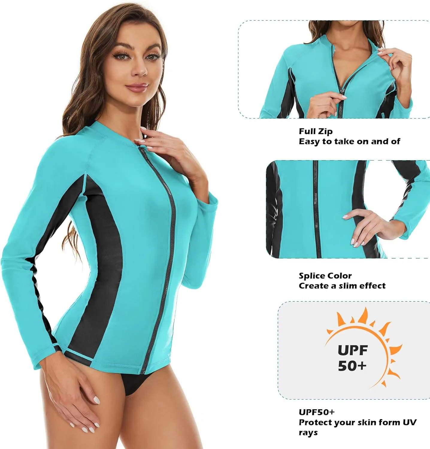 Zando UPF 50  Rash Guard for Women Full Zip Long Sleeve Swimsuits Quick Dry Tankini Swim Top Lightweight Swim Shirt