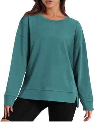 ZDRZK Crewneck Sweatshirts Women Casual Loose Lightweight Thin Fall Outfits Tops Split High Low Hem Long Sleeve Clothes