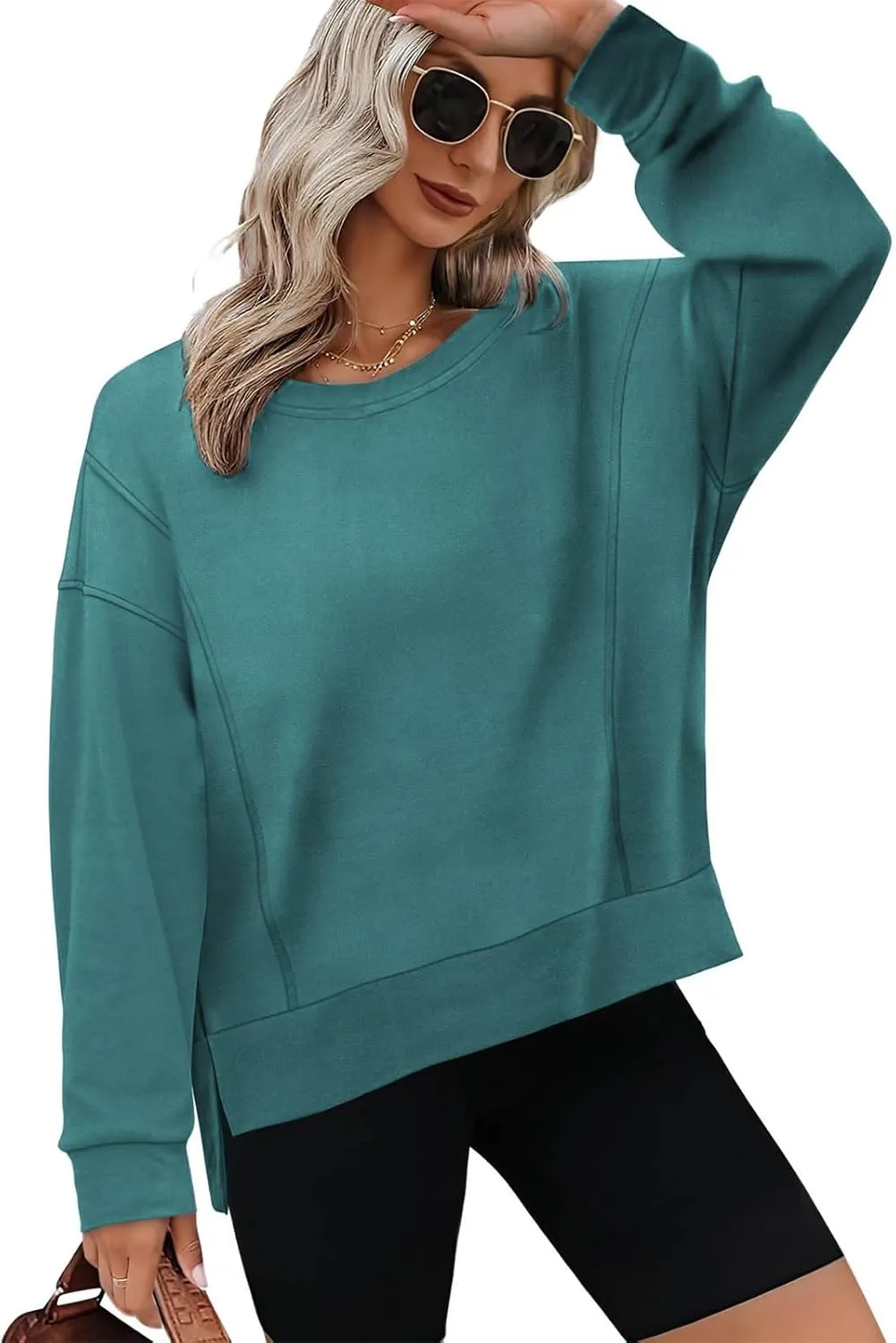 ZDRZK Crewneck Sweatshirts Women Casual Loose Lightweight Thin Fall Outfits Tops Split High Low Hem Long Sleeve Clothes