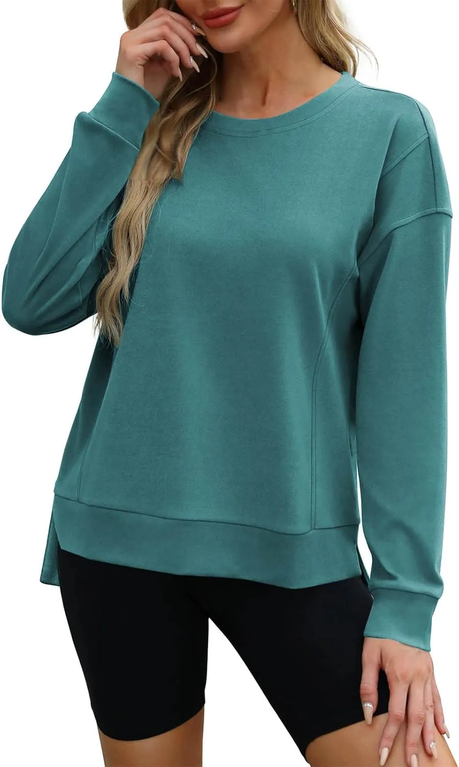 ZDRZK Crewneck Sweatshirts Women Casual Loose Lightweight Thin Fall Outfits Tops Split High Low Hem Long Sleeve Clothes