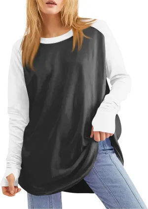 ZDRZK Oversized Sweatshirt For Women Color Block Long Sleeve Thumb Hole Pullover Tops Crewneck Casual Lightweight Shirts