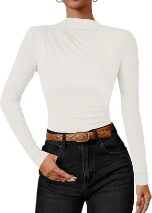 ZESICA Women's Long Sleeve Tops Mock Neck Ruched Tight Shirts Spring Trendy Outfits