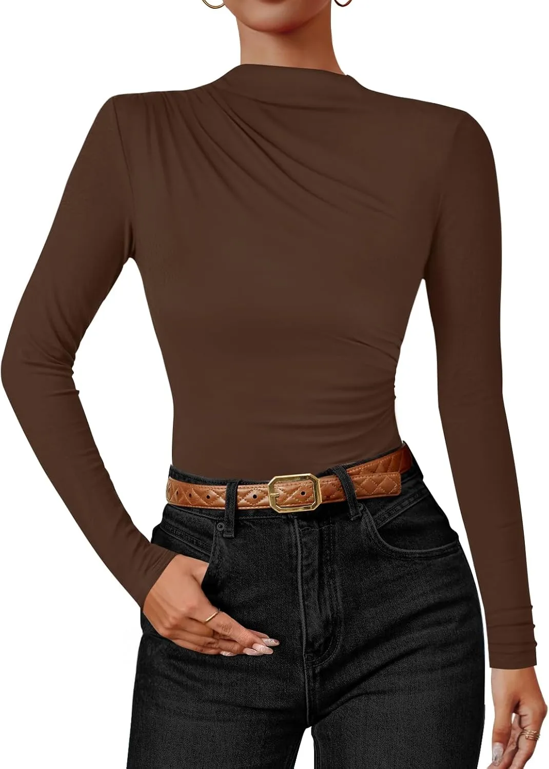 ZESICA Women's Long Sleeve Tops Mock Neck Ruched Tight Shirts Spring Trendy Outfits