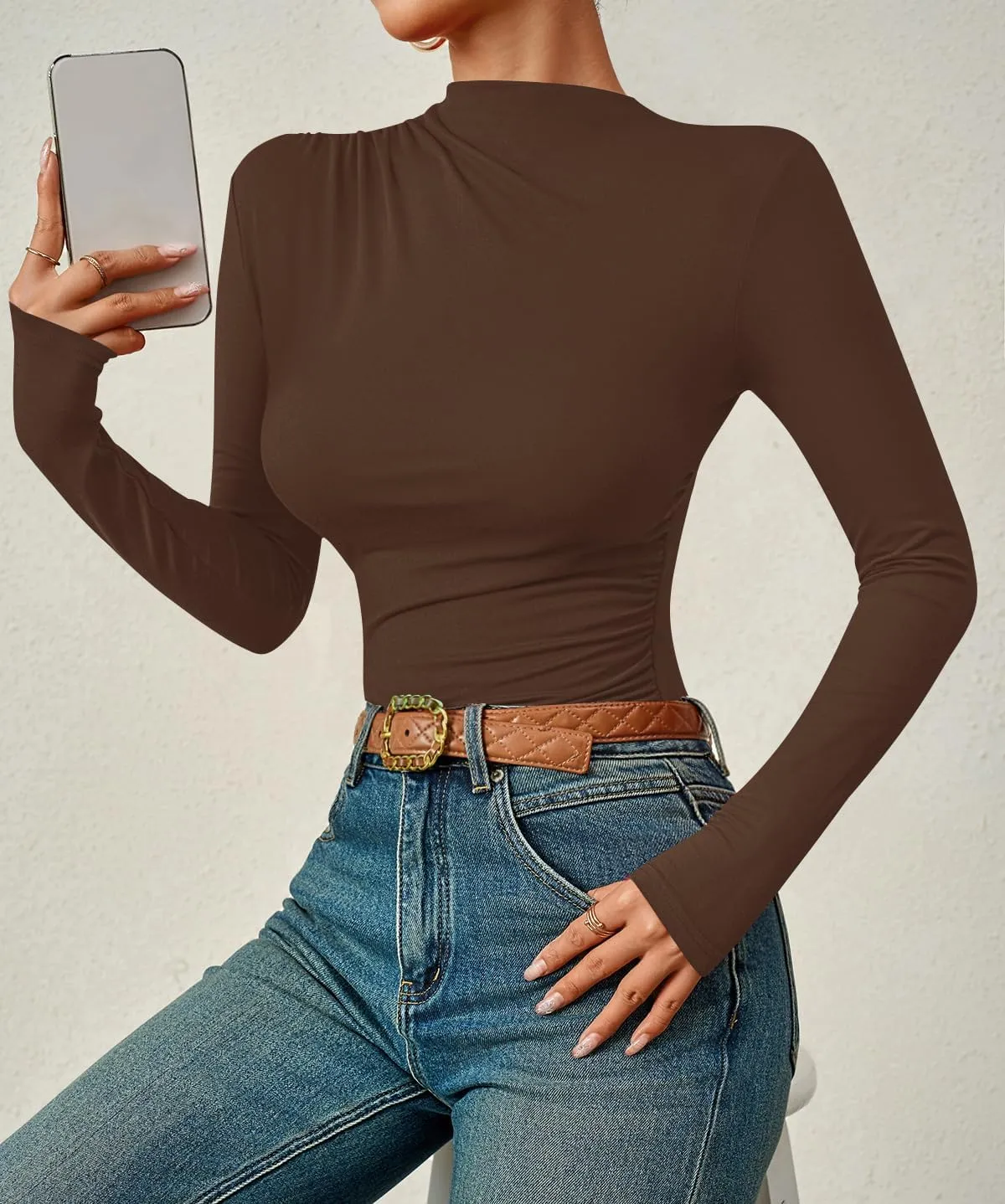 ZESICA Women's Long Sleeve Tops Mock Neck Ruched Tight Shirts Spring Trendy Outfits