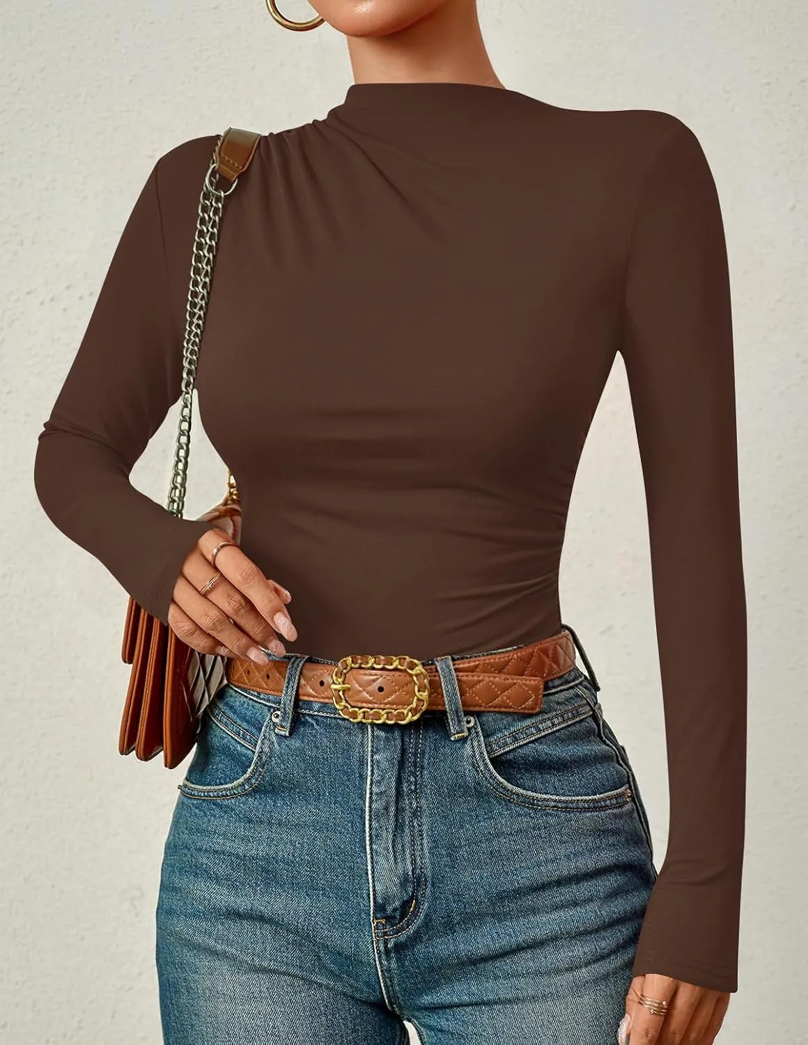 ZESICA Women's Long Sleeve Tops Mock Neck Ruched Tight Shirts Spring Trendy Outfits