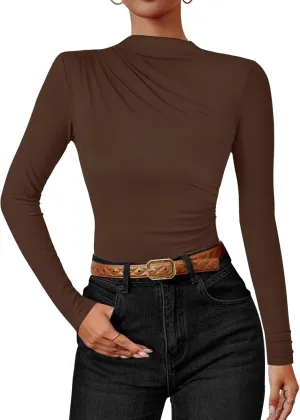 ZESICA Women's Long Sleeve Tops Mock Neck Ruched Tight Shirts Spring Trendy Outfits