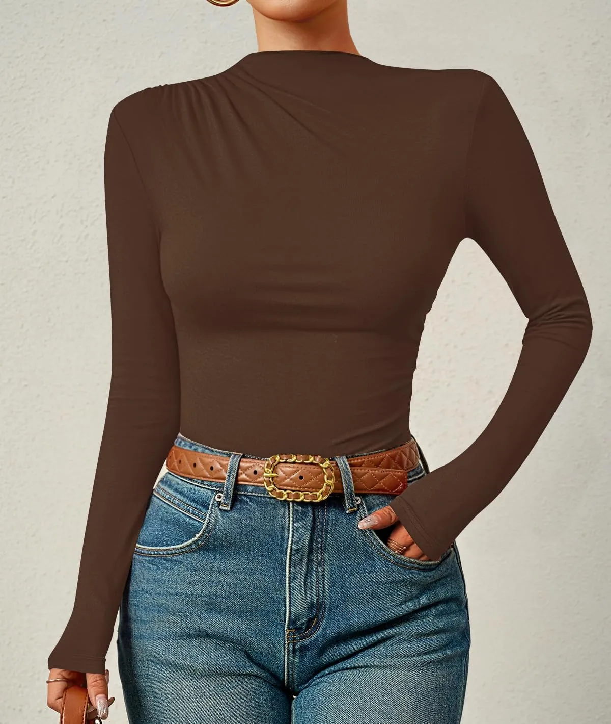 ZESICA Women's Long Sleeve Tops Mock Neck Ruched Tight Shirts Spring Trendy Outfits