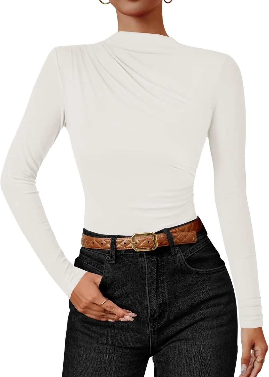 ZESICA Women's Long Sleeve Tops Mock Neck Ruched Tight Shirts Spring Trendy Outfits